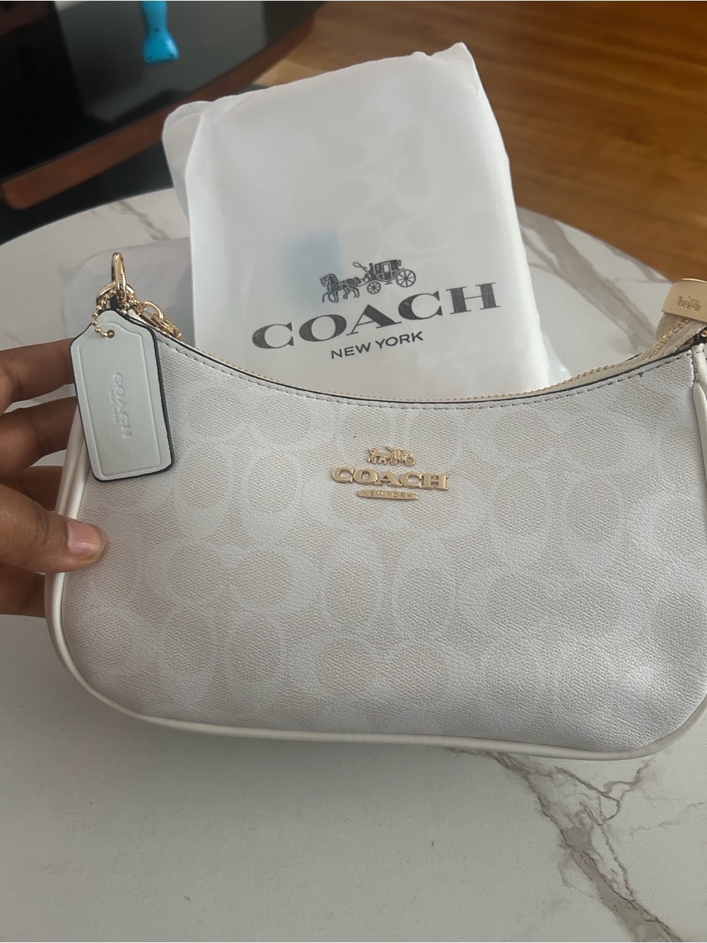 Coach Cream Signature Mini Shoulder Bag with Gold Hardware